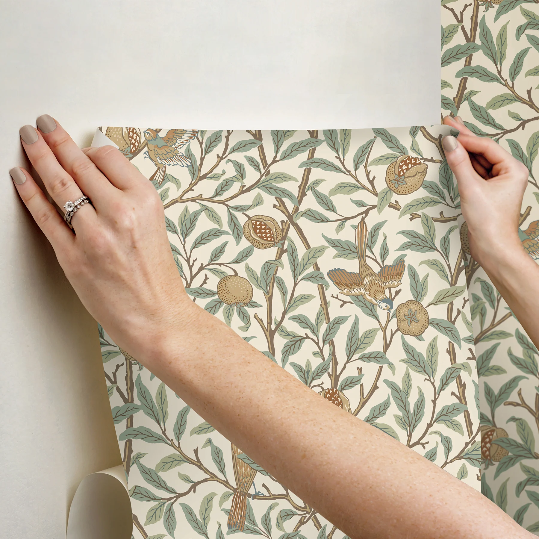 Morris & Co. MCS6593 Bird and Pomegranate Linen and Sage Peel and Stick Wallpaper - Image 5