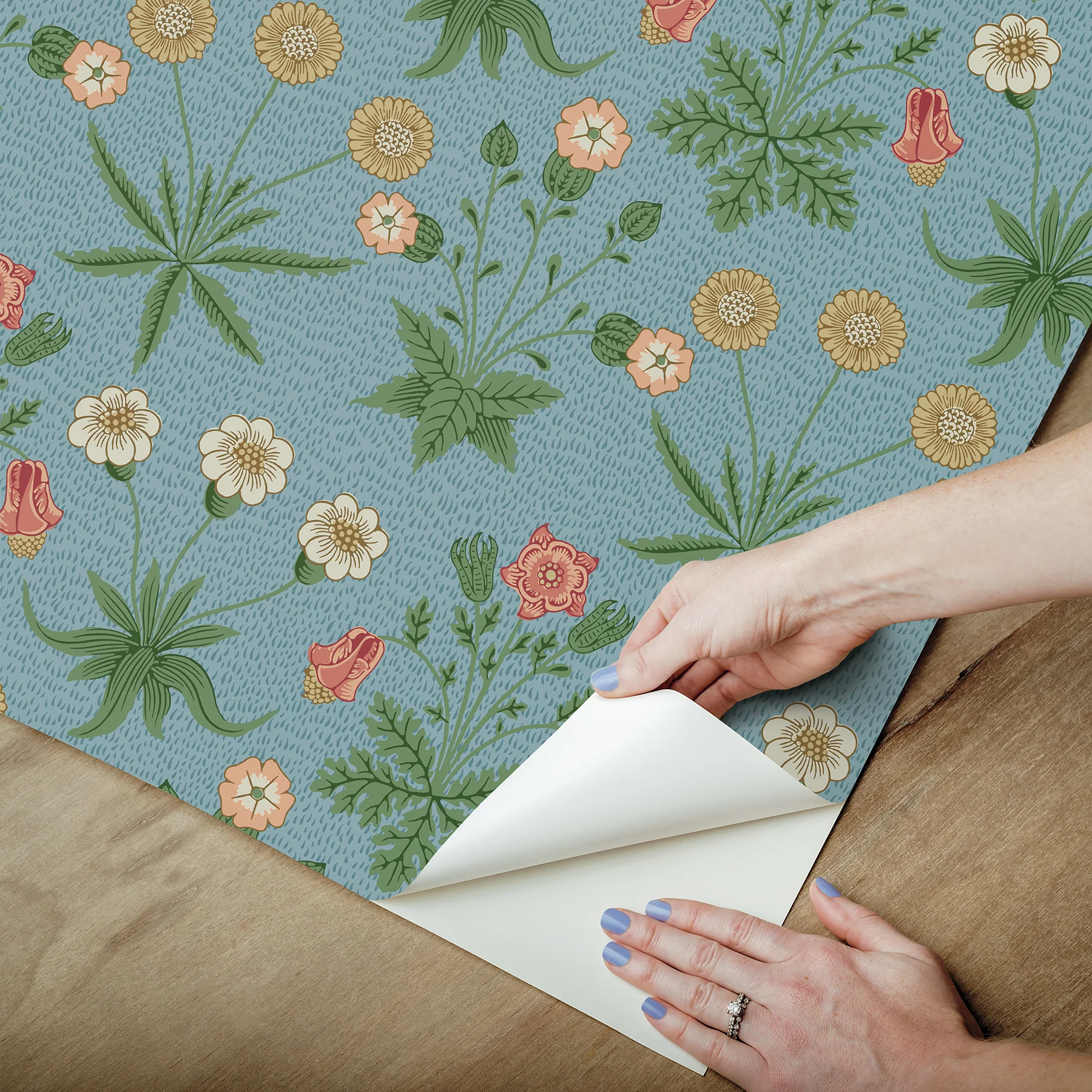 Morris & Co. MCS6596 Daisy Wedgwood and Coral Peel and Stick Wallpaper - Image 3