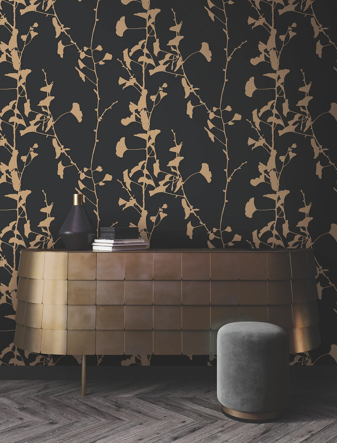 Ronald Redding VR1512 Ginkgo Silhouette Black & Gold Cork Wallpaper - Image 4